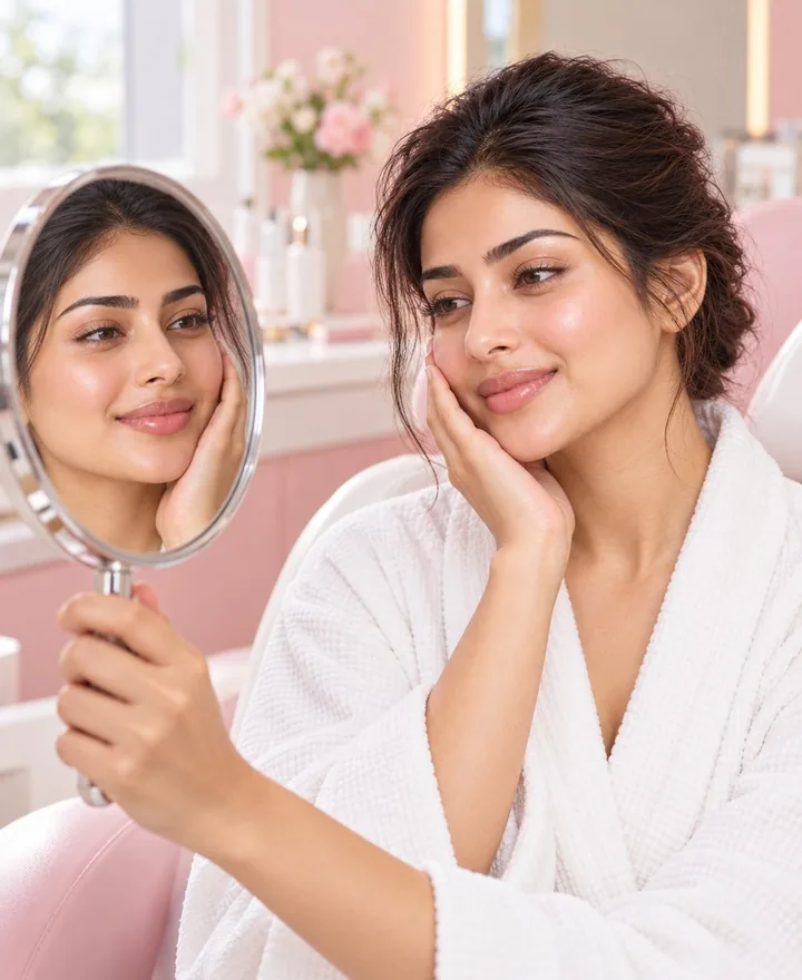 A woman admiring her glowing skin in a mirror