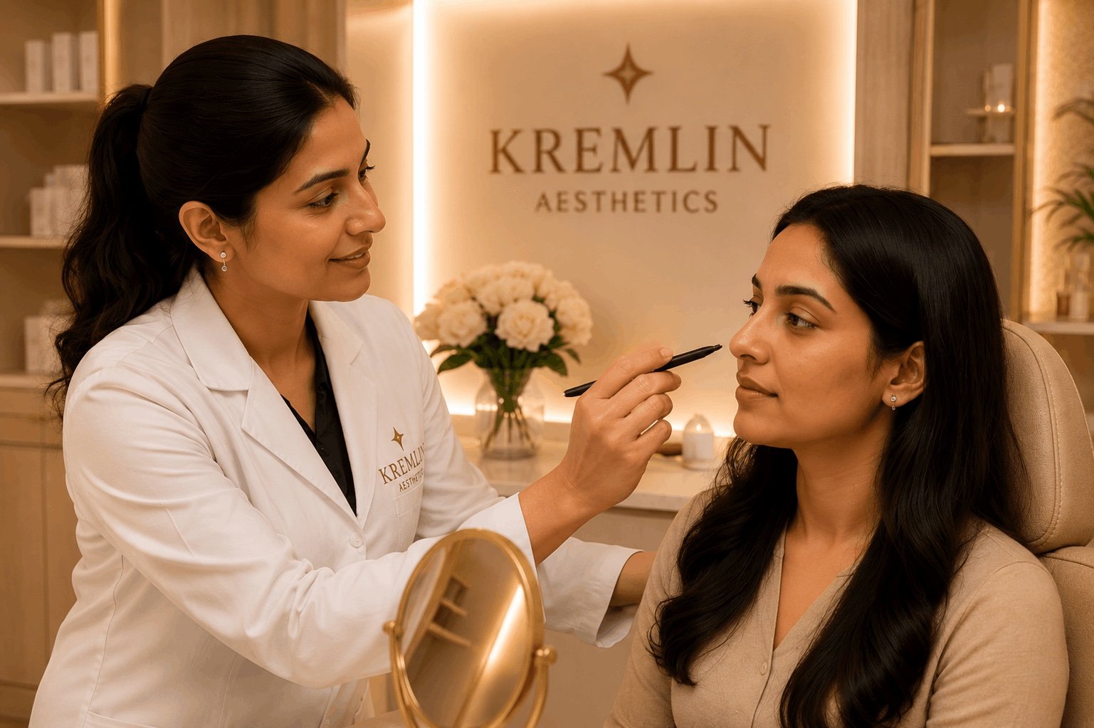Physician assessing a patient's face during consultation at Kremlin Aesthetics