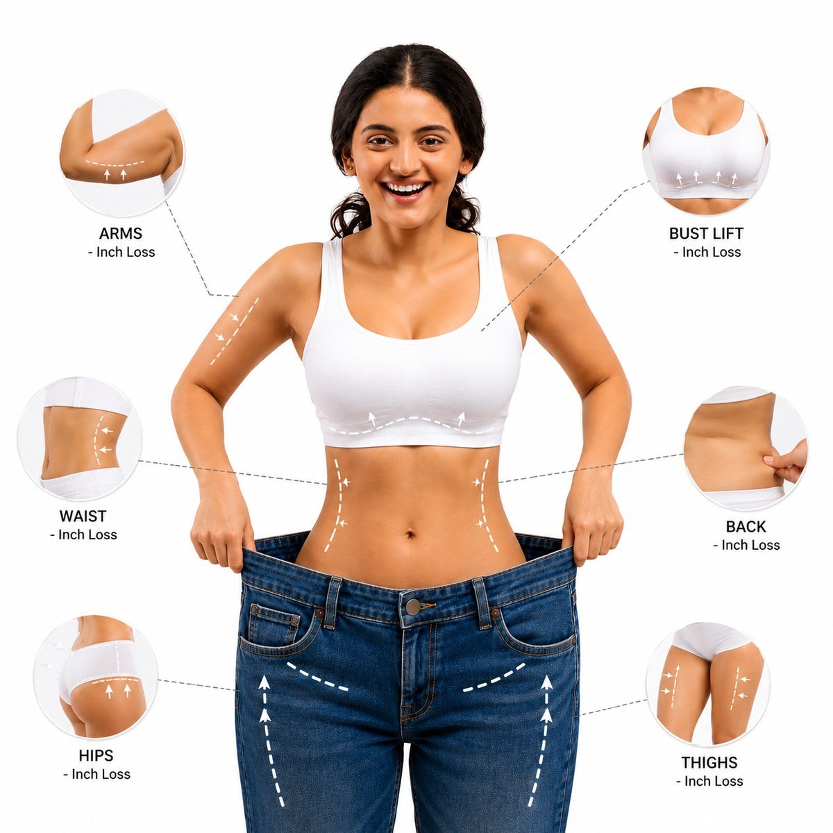 The areas a weight and inch-loss programme targets — arms, waist, back, hips and thighs